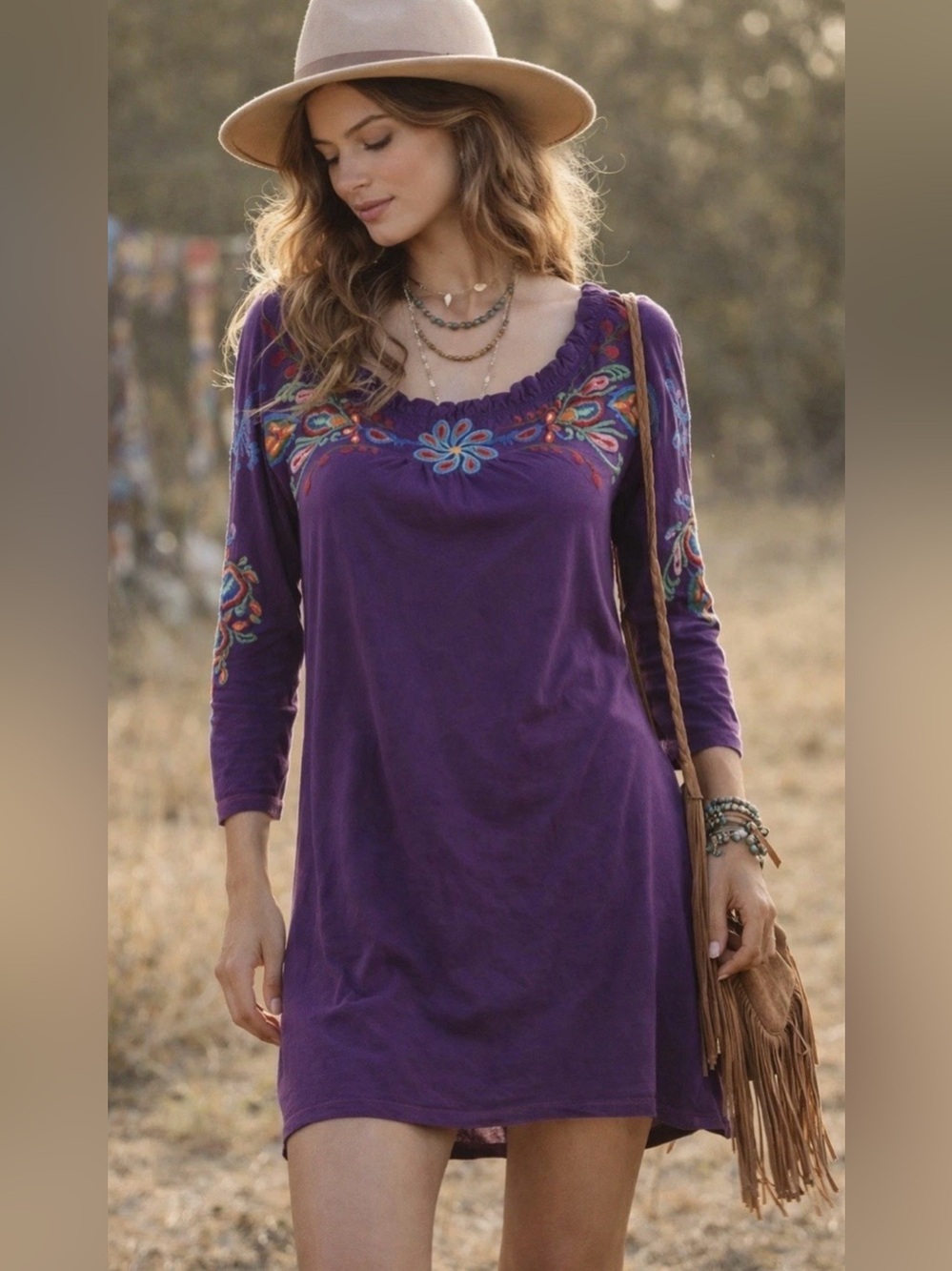 Johnny Was Dress Womens Small Purple On Off Shoulder Embroidered Pockets Cotton
